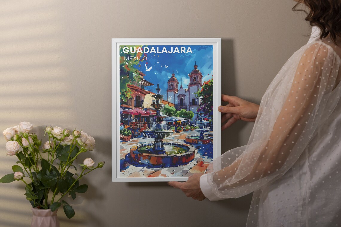Guadalajara Mexico Plaza Fountain Watercolor Colonial Poster - Image 3