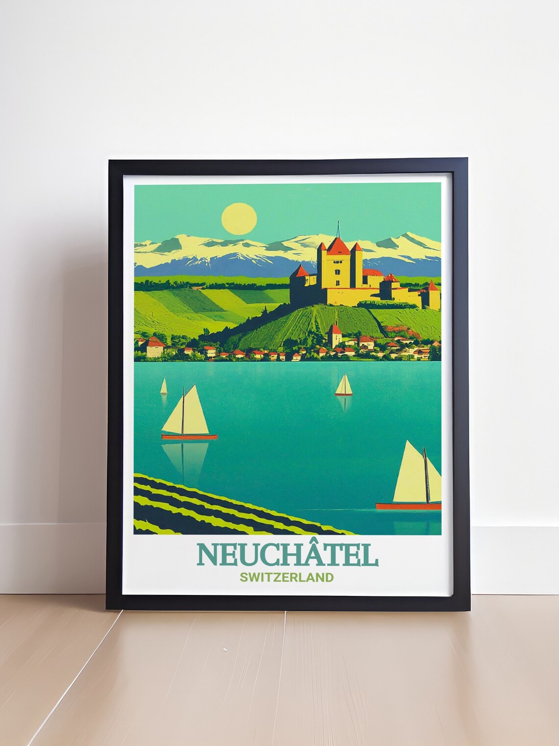 Neuchatel Switzerland Lake Sailboats Alps Scenic Voyage Poster - Image 4