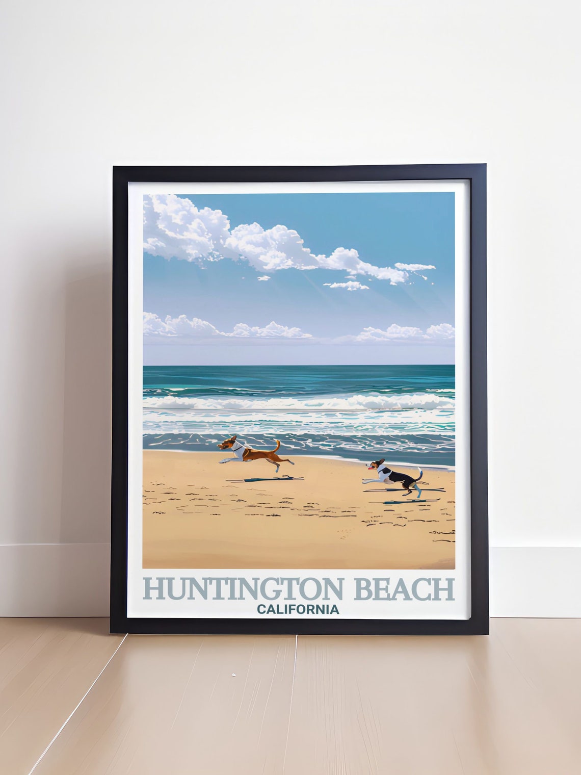 Huntington Beach California Happy Dogs Playing On Sand Poster - Image 4