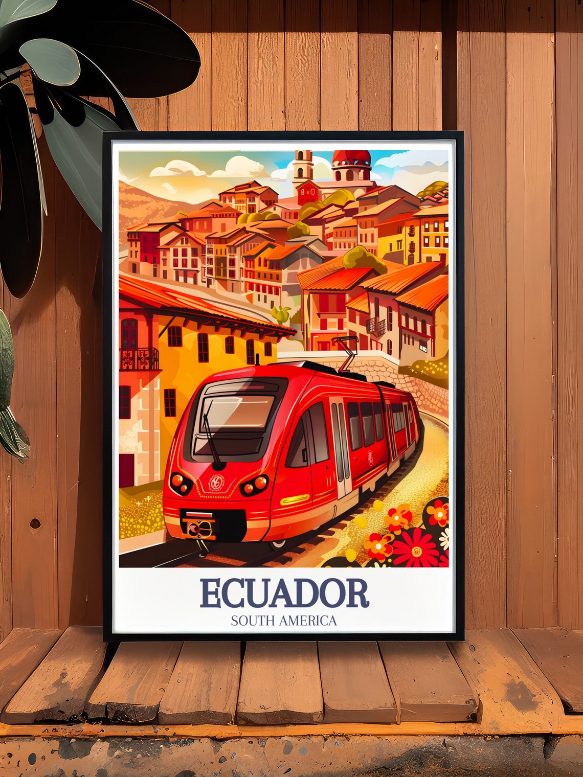 Ecuador Cuenca Red Tram Colonial Hillside Town Travel Poster - Image 2