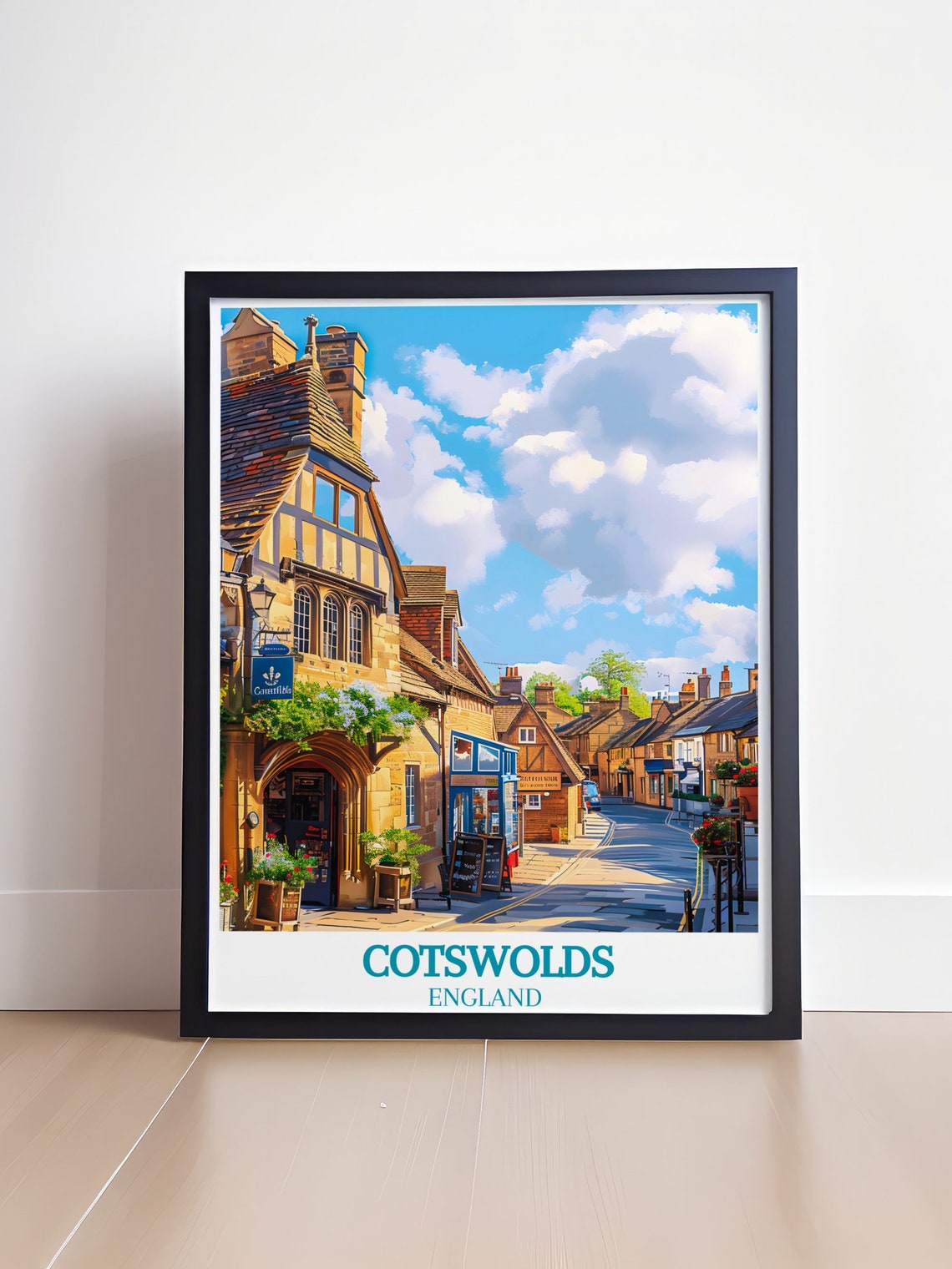Cotswolds England Charming Village Street Stone Shops Poster - Image 4