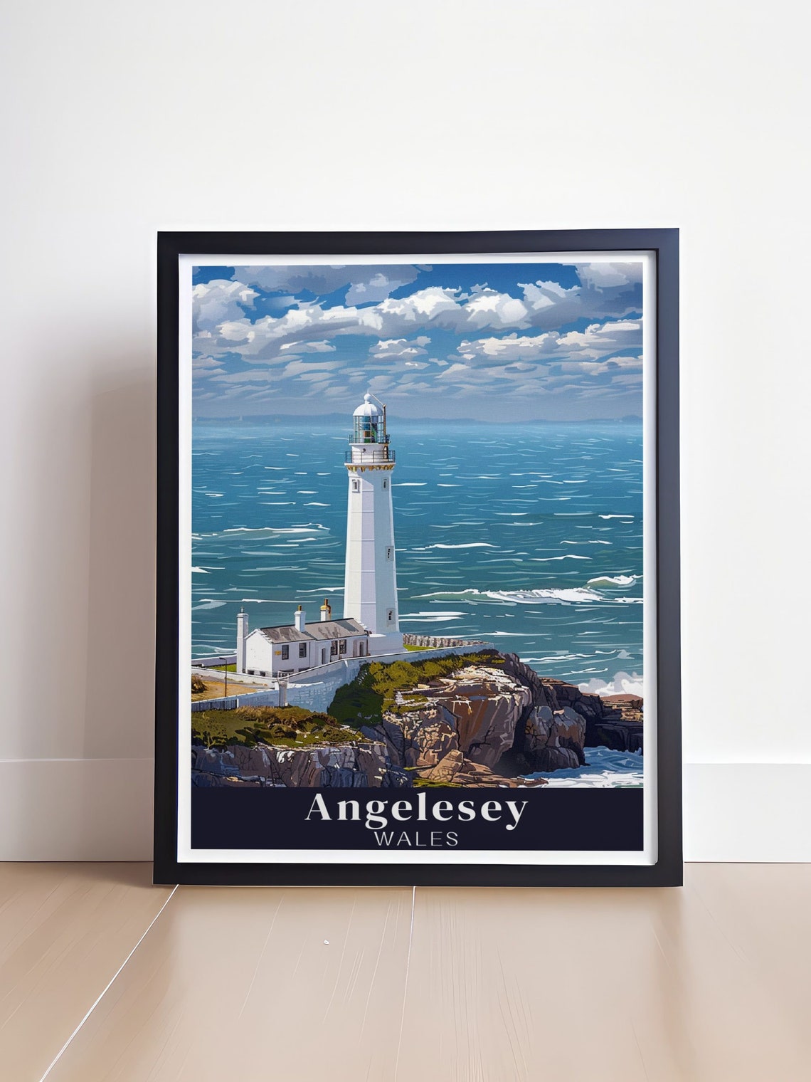 Anglesey Wales White Lighthouse Poster on Rugged Rocky Sea Cliffs - Image 4