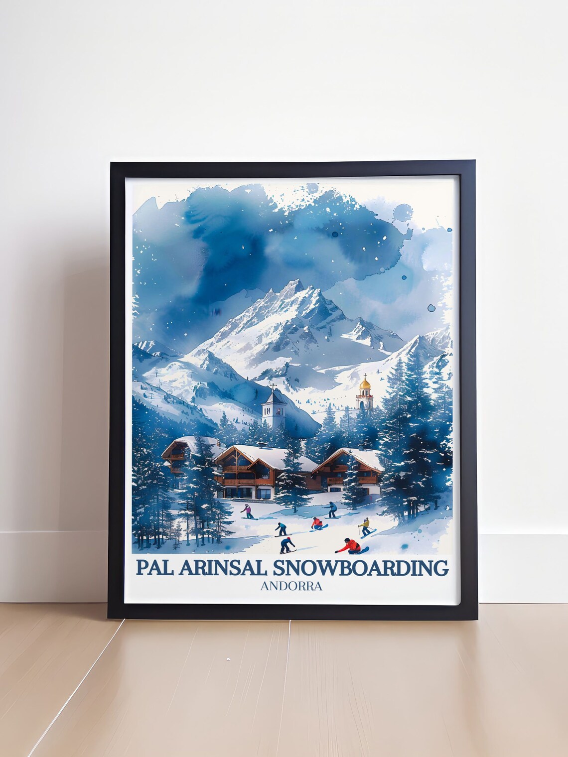 Pal Arinsal Snowboarding Blue Watercolor Mountain Village Poster - Image 4