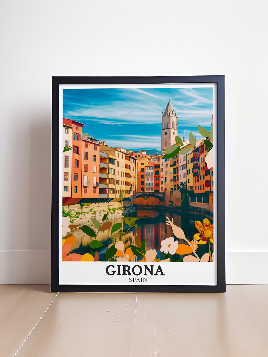 Girona Spain Riverside Old Town Church Tower Floral Travel Poster - Image 4