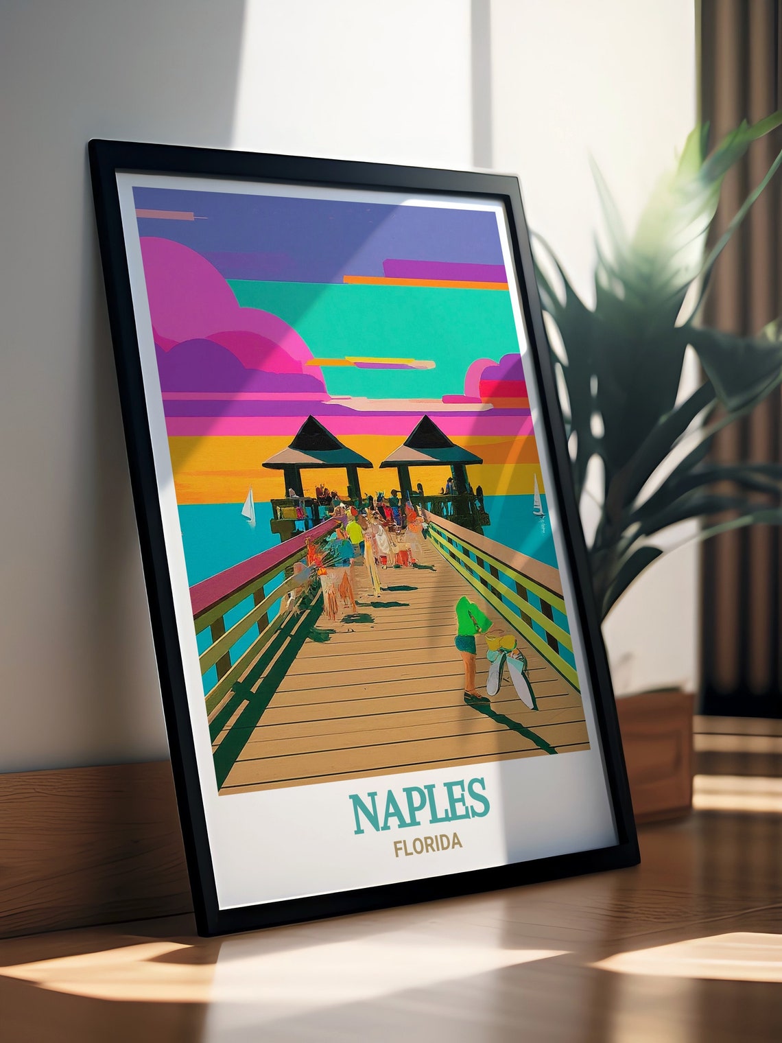 Naples Florida Pier Sunset Crowd Colorful Pop Art Beach Poster - Image 3