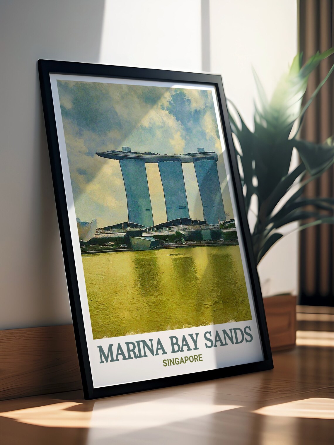 Marina Bay Sands Singapore Golden Sky Watercolor Travel Poster - Image 3