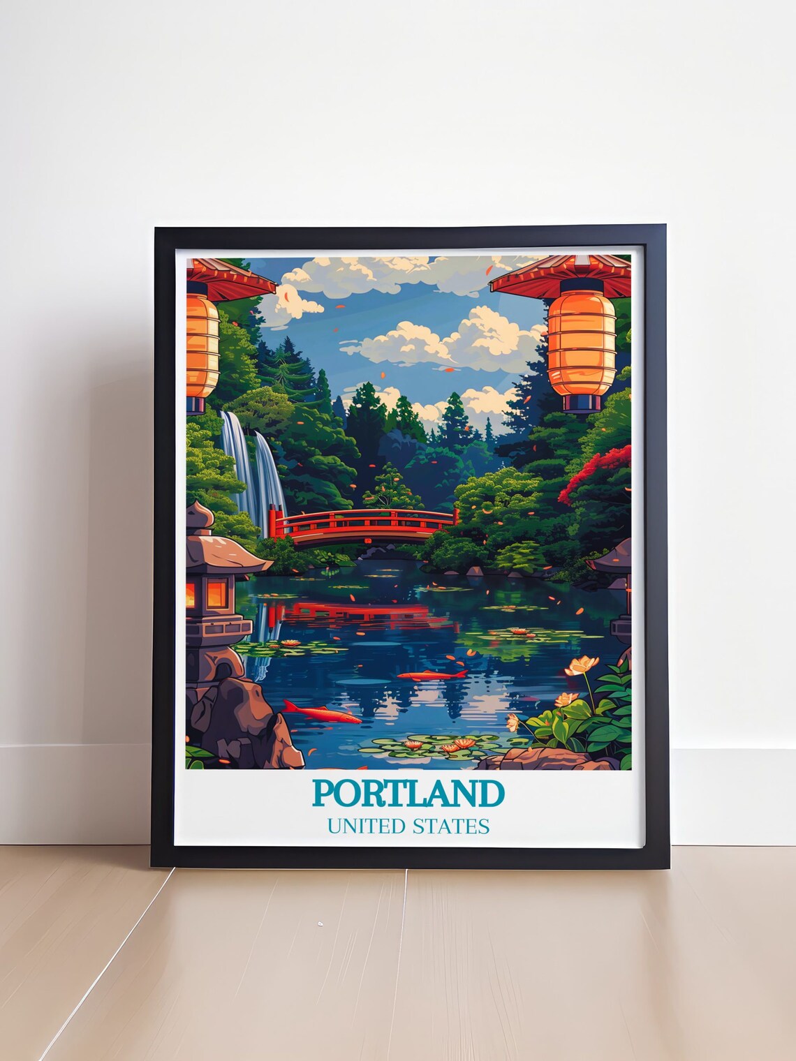 Portland Japanese Garden Red Moon Bridge Koi Pond Lanterns Poster - Image 4