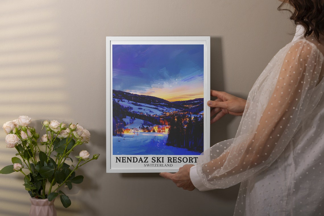 Nendaz Ski Village Valley At Dusk Under Snow Switzerland Poster - Image 2