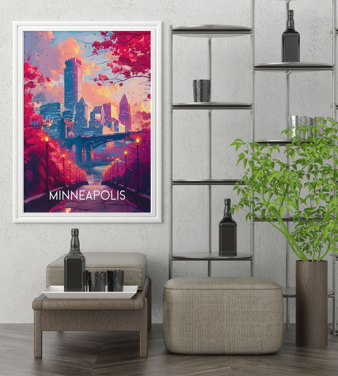 Minneapolis Skyline Sunset Riverfront Autumn City View Poster - Image 3