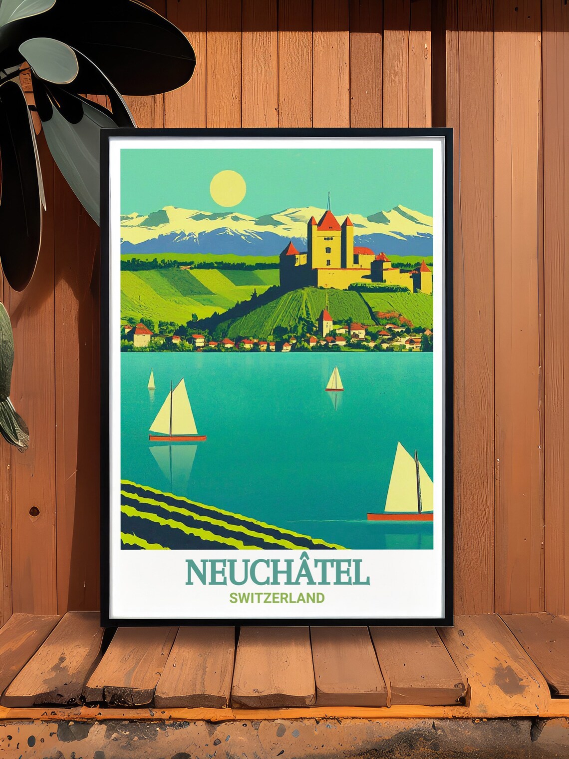 Neuchatel Switzerland Lake Sailboats Alps Scenic Voyage Poster - Image 3