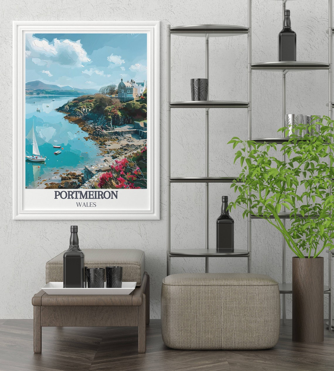 Portmeirion Turquoise Bay Sailboats and Coastal Villa Wales Poster - Image 2