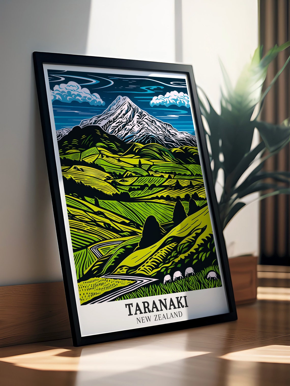 Mount Taranaki Woodblock Style Green Valley Sheep Travel Poster - Image 2