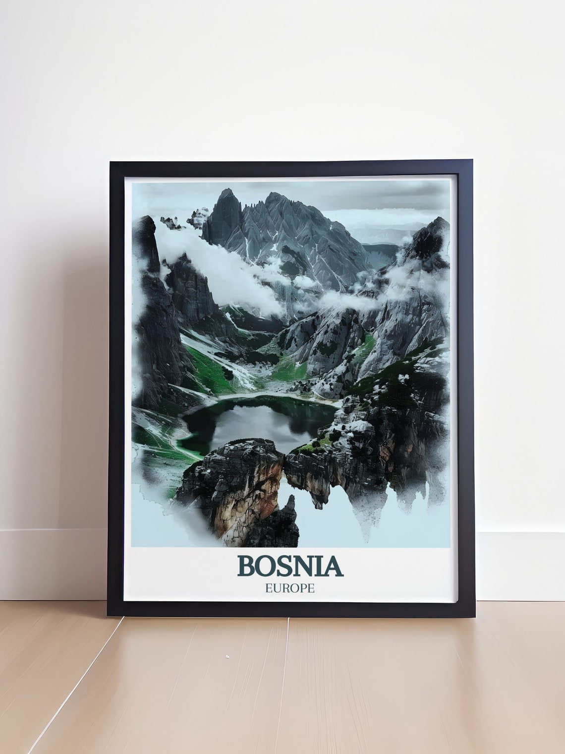 Bosnia Dramatic Mountain Peaks With a Hidden Alpine Lake Travel Poster - Image 3