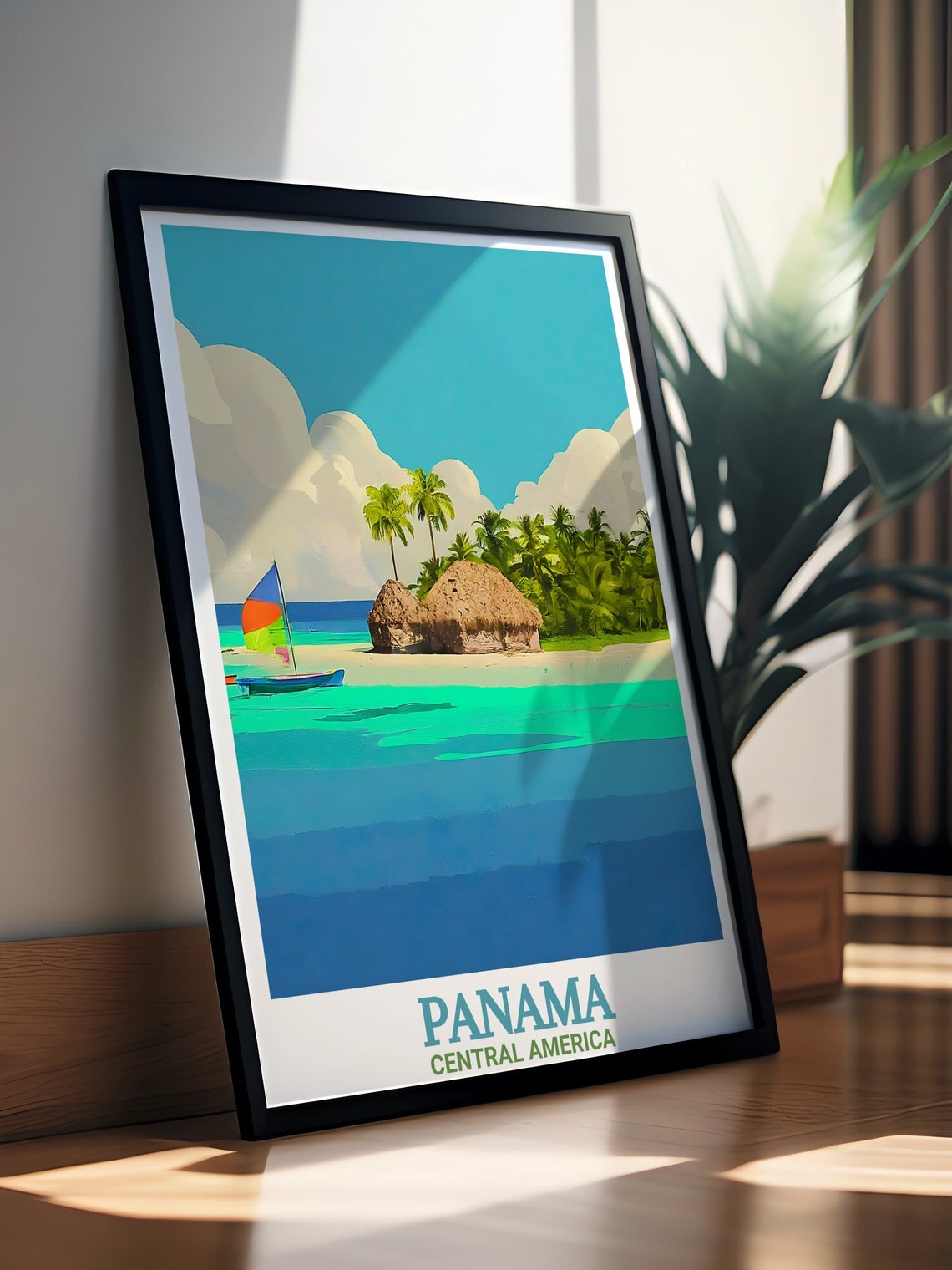Panama Central America San Blas Islands Hut Sailboat Retro Poster - Image 2