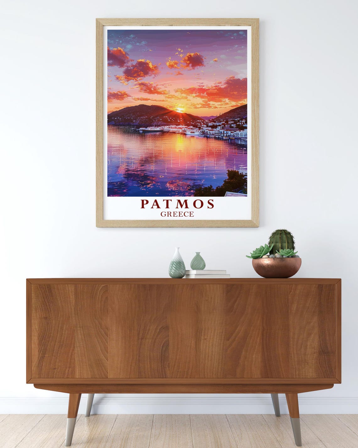 Patmos Greece Skala Harbor Glowing Sunset Water Reflection Poster - Image 4