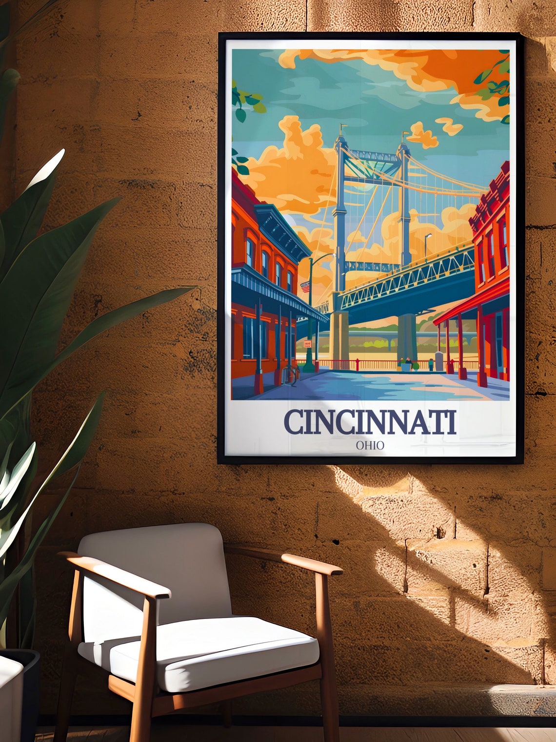 Cincinnati Ohio Roebling Suspension Bridge Brick Street Travel Poster - Image 2