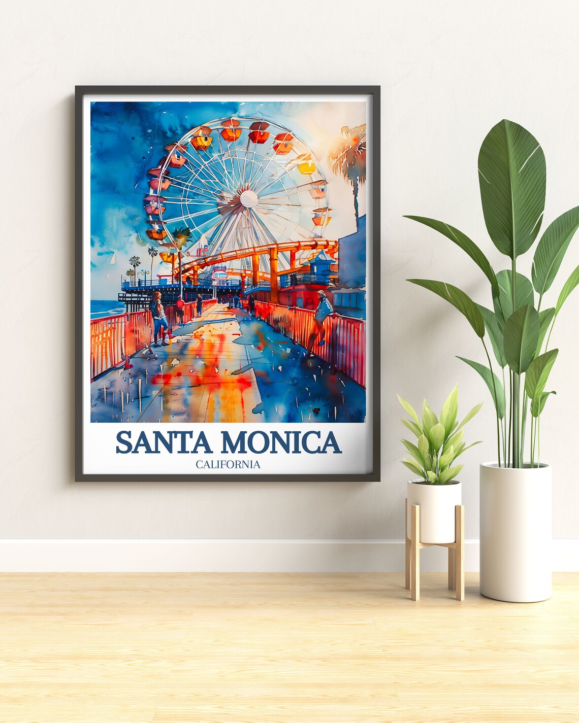 Santa Monica California Pier Ferris Wheel Watercolor Travel Poster - Image 3