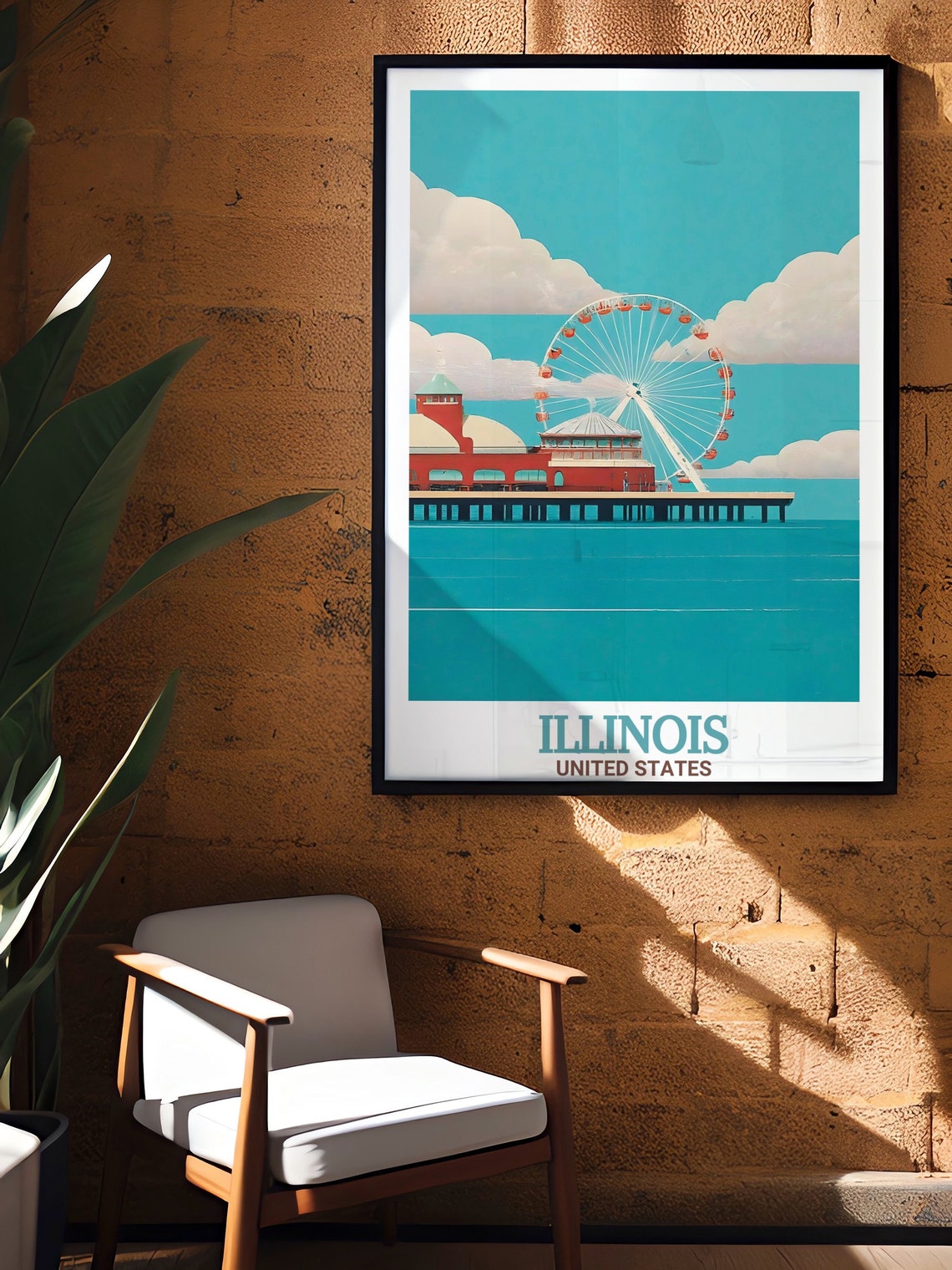 Illinois Chicago Navy Pier Ferris Wheel Retro Waterfront Poster - Image 2