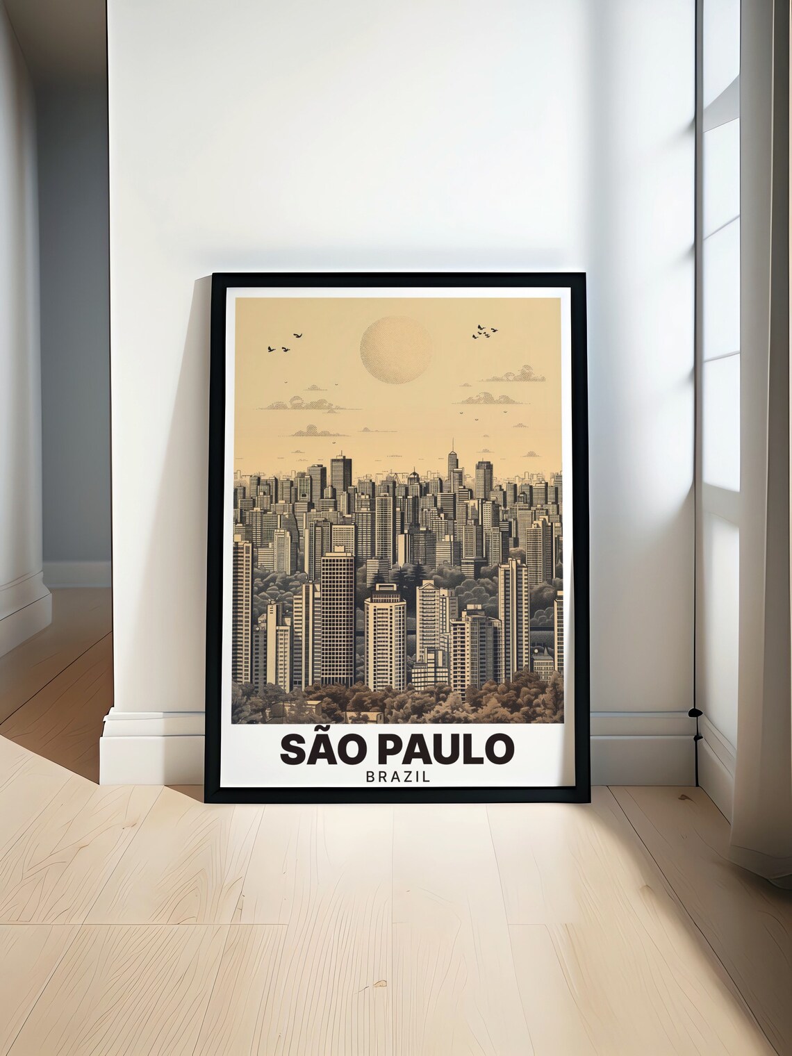 Sao Paulo Brazil Sepia Skyline Birds Vintage Cityscape Poster