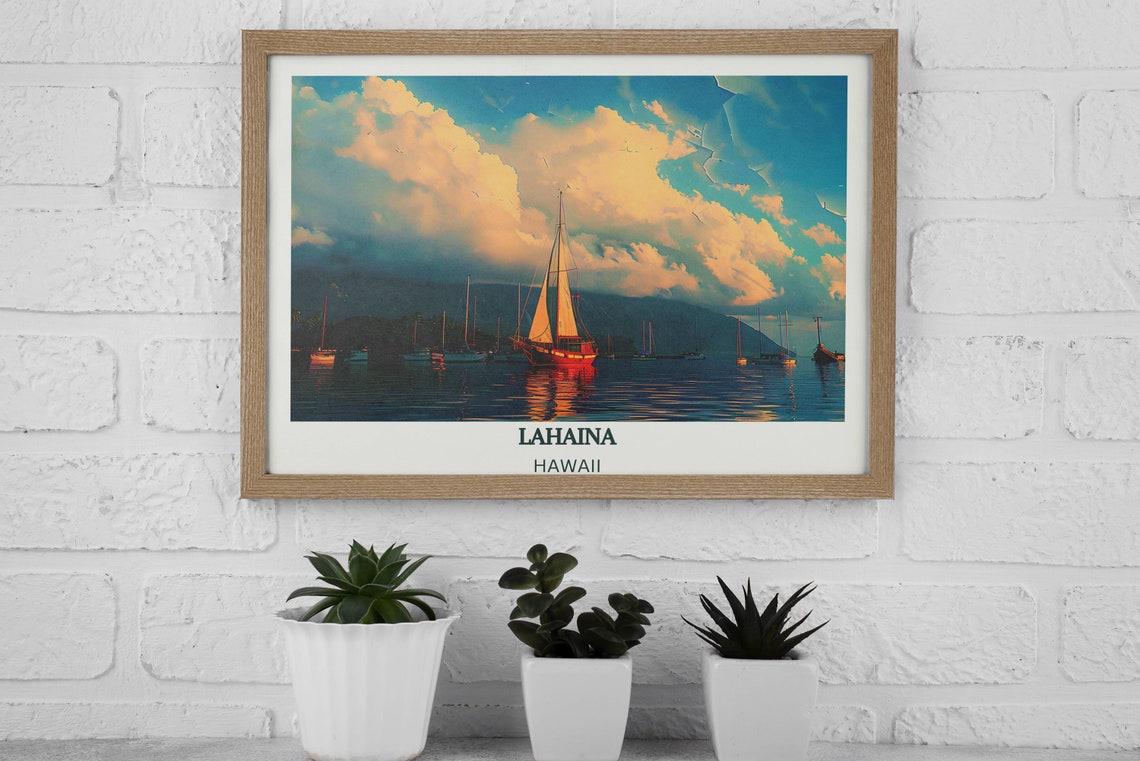 Lahaina Hawaii Sunset Sailboat Poster With Tropical Harbor View - Image 2