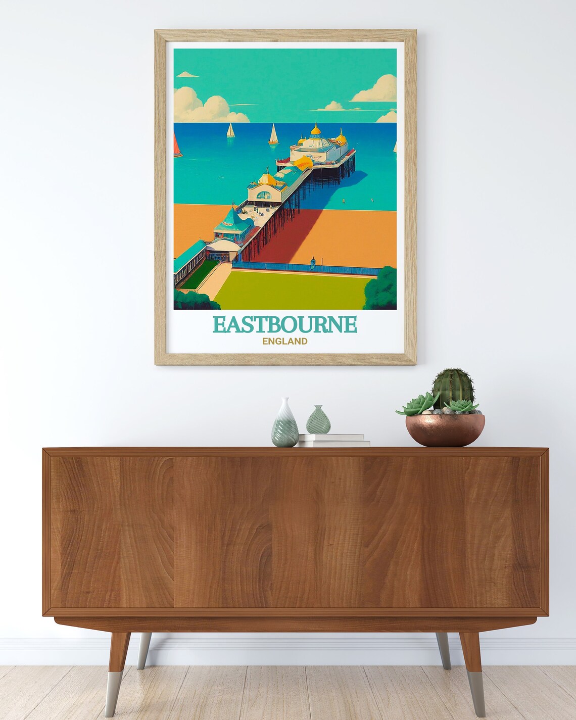 Eastbourne Pier Seaside Sailboats British Beach England Travel Poster - Image 2