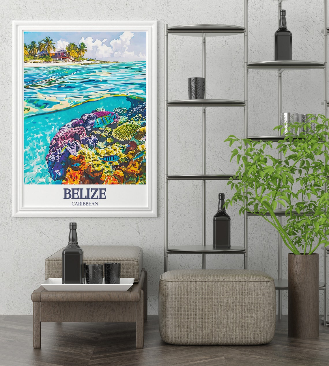 Belize Caribbean Coral Reef Underwater Scene with Beach House Poster - Image 2