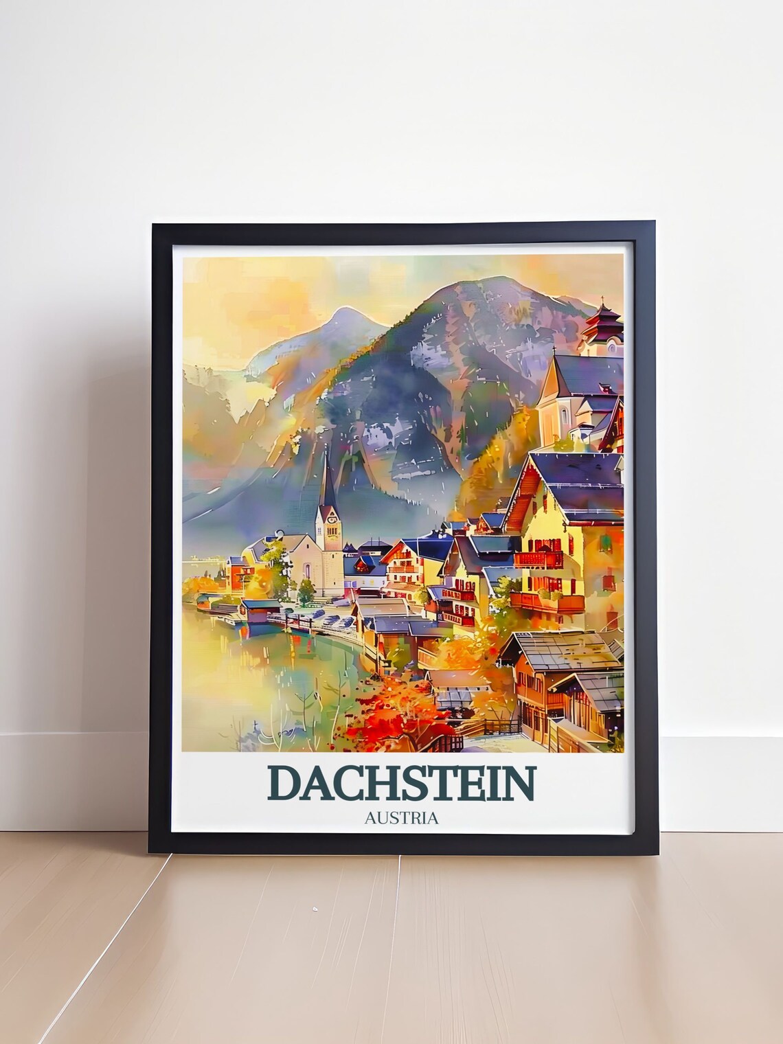 Dachstein Lakeside Alpine Village Autumn Hues Austria Travel Poster - Image 4
