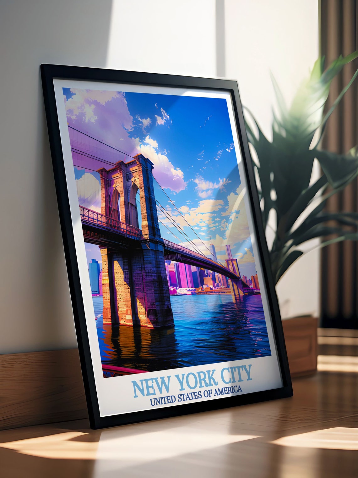 New York City Brooklyn Bridge Sunset Purple Sky Harbor Poster - Image 2