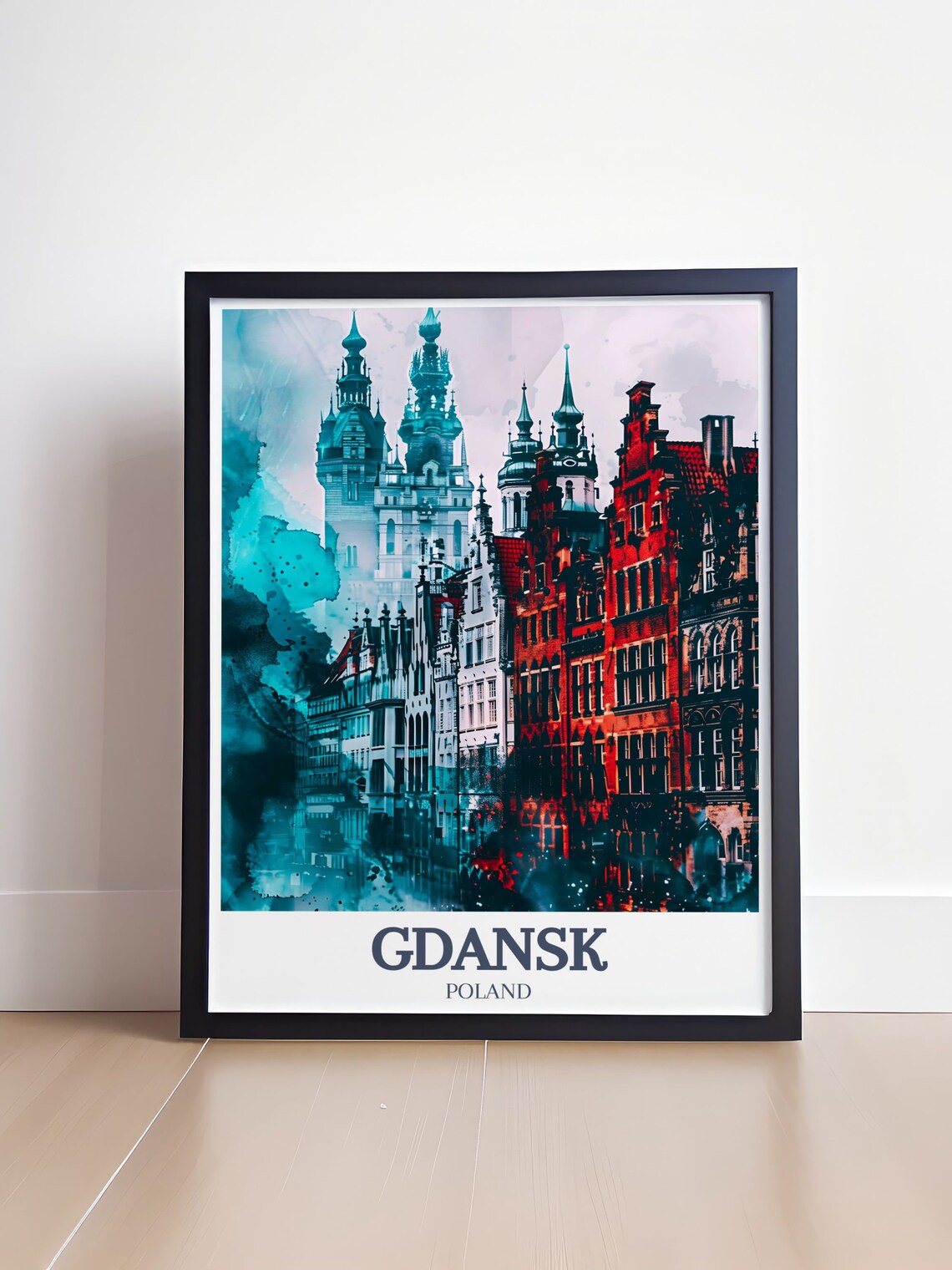 Gdansk Poland Church Towers Watercolor Teal Red Cityscape Art Poster - Image 4