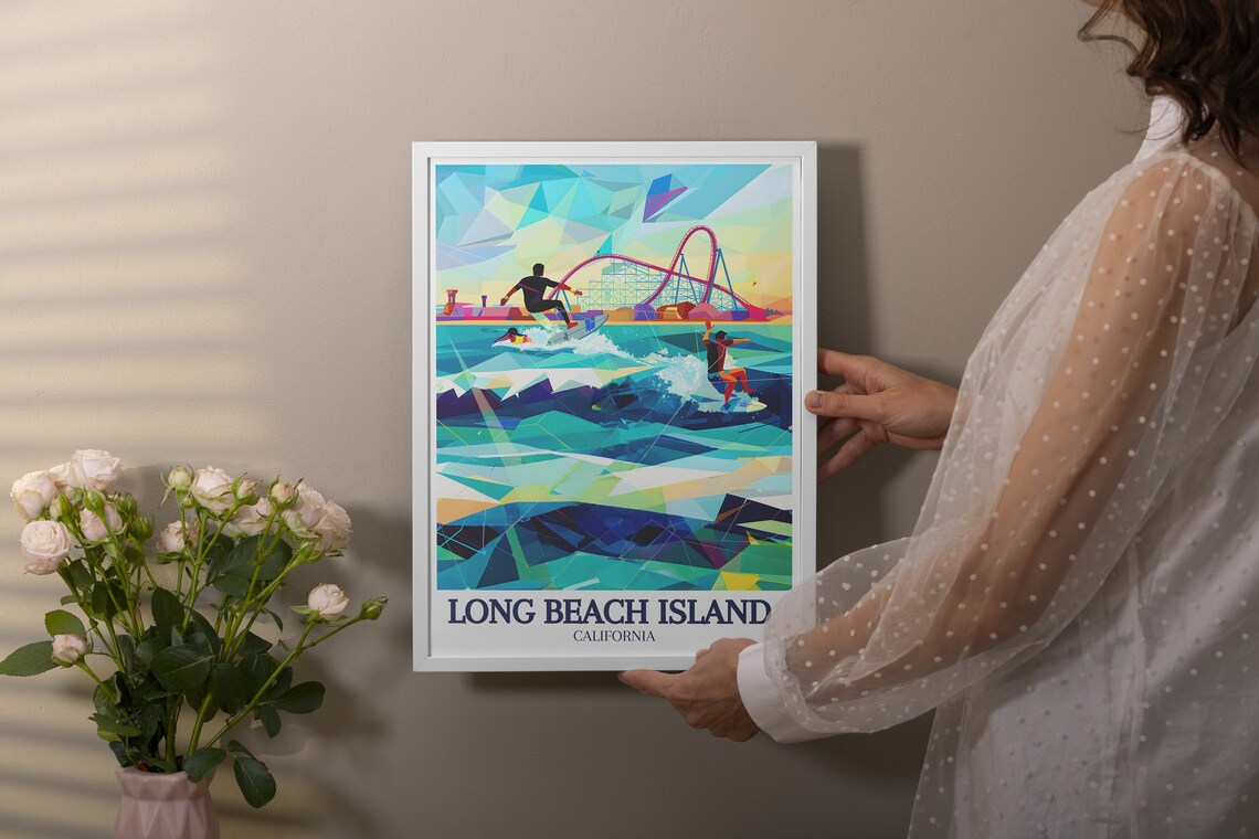Long Beach Island California Surfers Waves Pier Coaster Poster - Image 3
