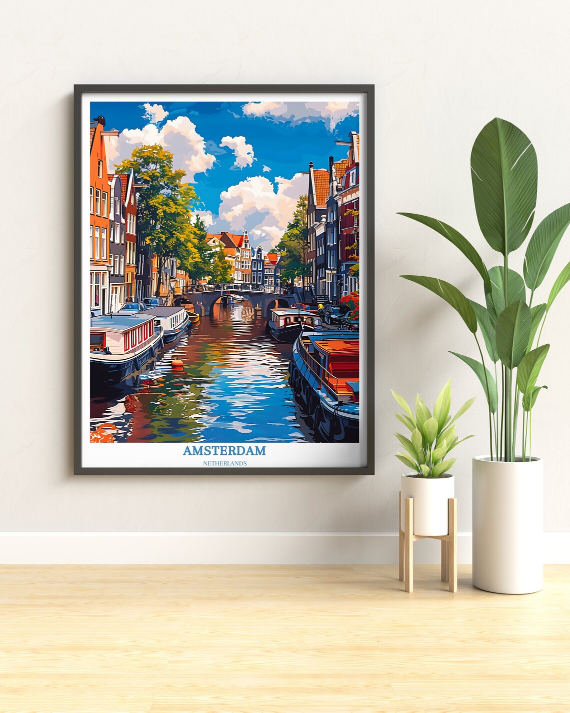 Amsterdam Canal with Houseboats and Bridge Daytime Travel Poster - Image 2