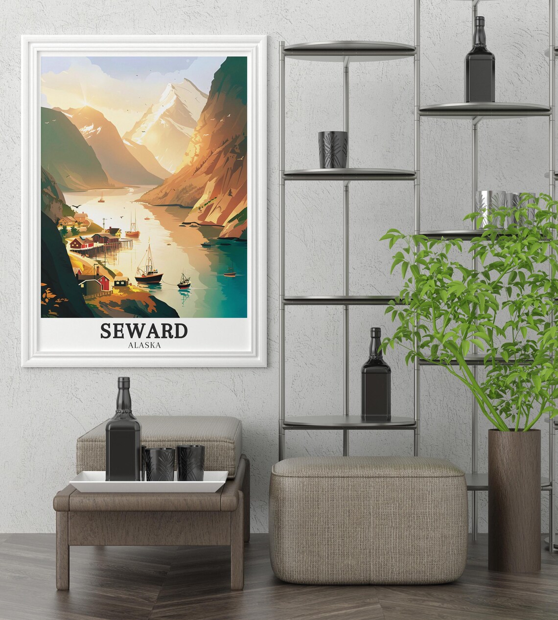 Seward Alaska Fishing Harbor Sunrise Fjord Scene Travel Poster - Image 2