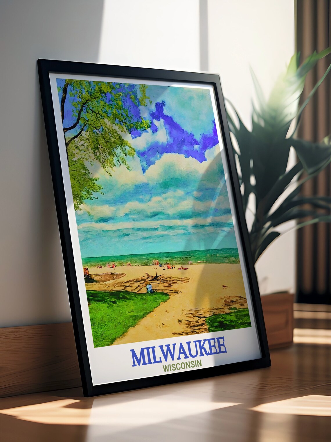Bradford Beach on Lake Michigan in Milwaukee Wisconsin Travel Poster - Image 2