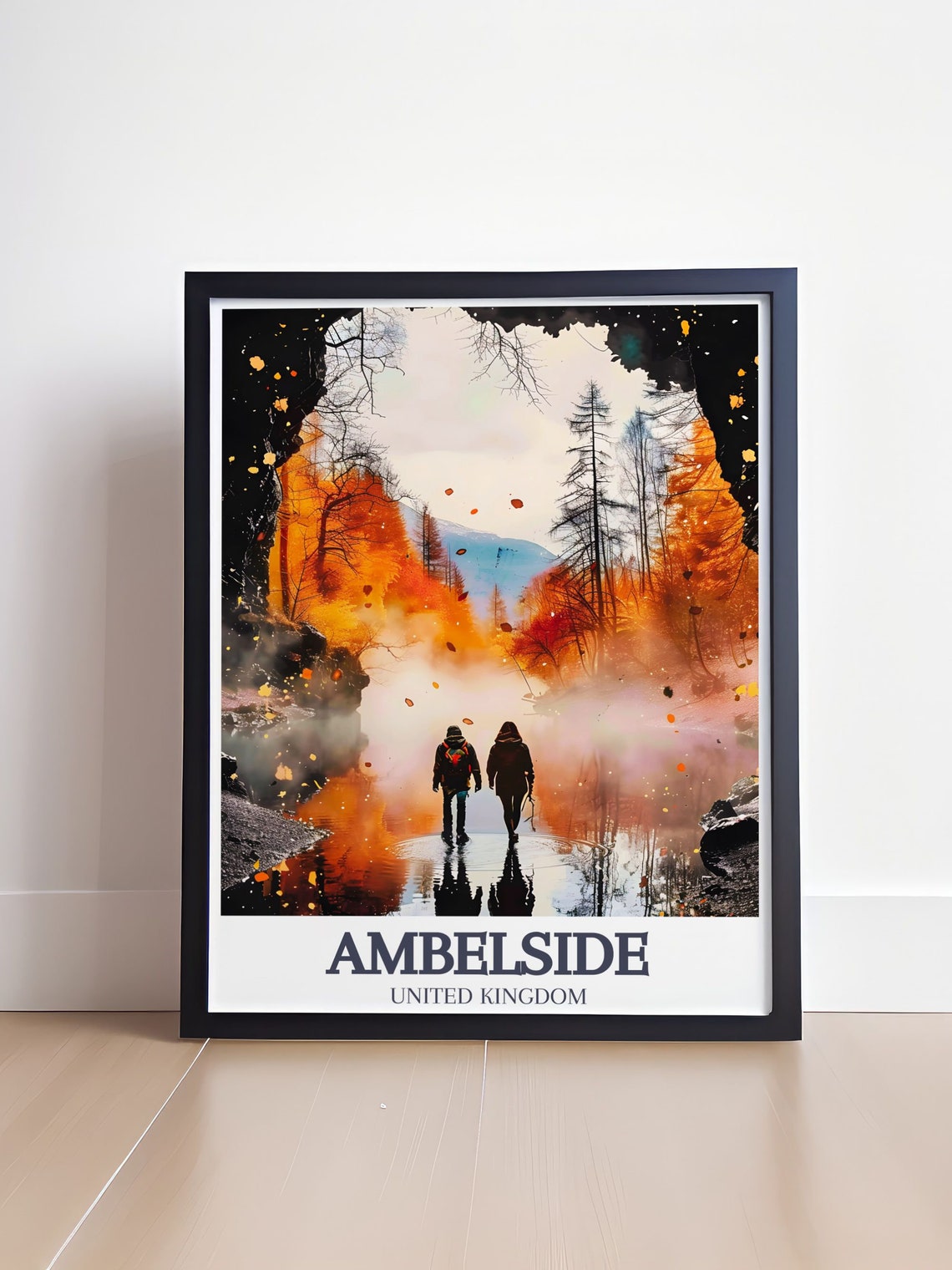 Ambleside Rydal Cave Waterfall Walkers In Autumn Mist Poster - Image 4