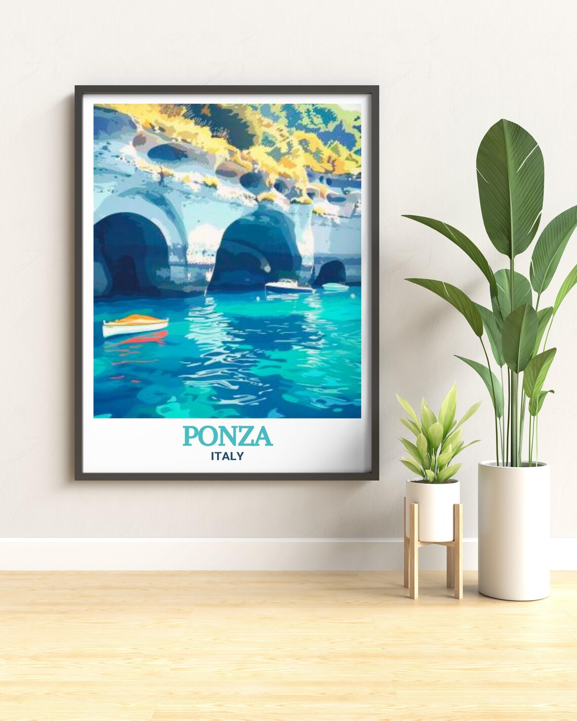 Ponza Italy Sea Caves Turquoise Waters Small Boats Travel Poster - Image 3