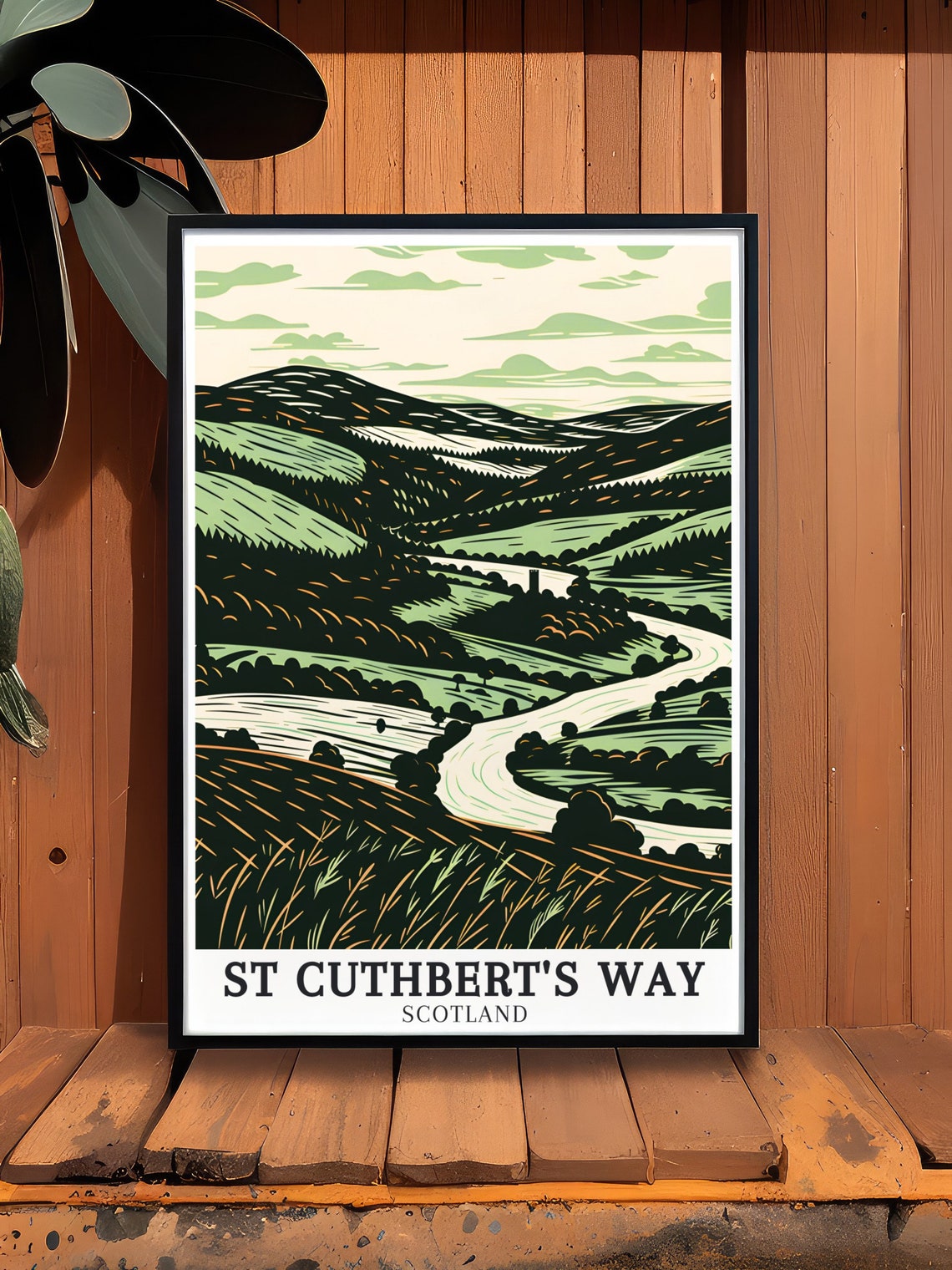 St Cuthbert's Way River Tweed Valley Woodcut Scotland Poster - Image 3
