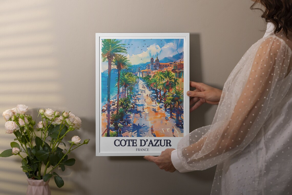 Cote d'Azur France Palm Promenade Seaside Watercolor Travel Poster - Image 3