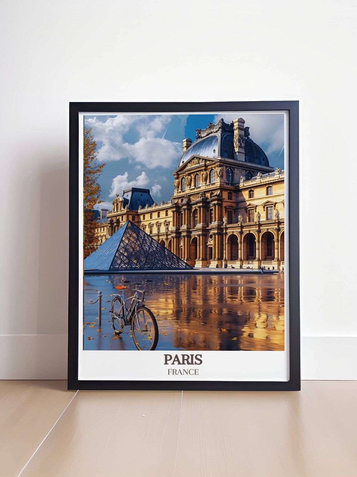 Paris France Louvre Pyramid Golden Reflections Bicycle Scene Poster - Image 4