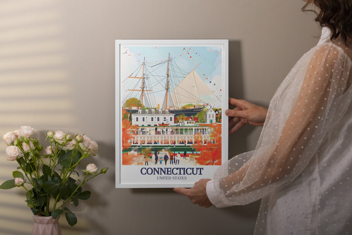 Connecticut Mystic Seaport Tall Ship Harbor Autumn Travel Poster - Image 2