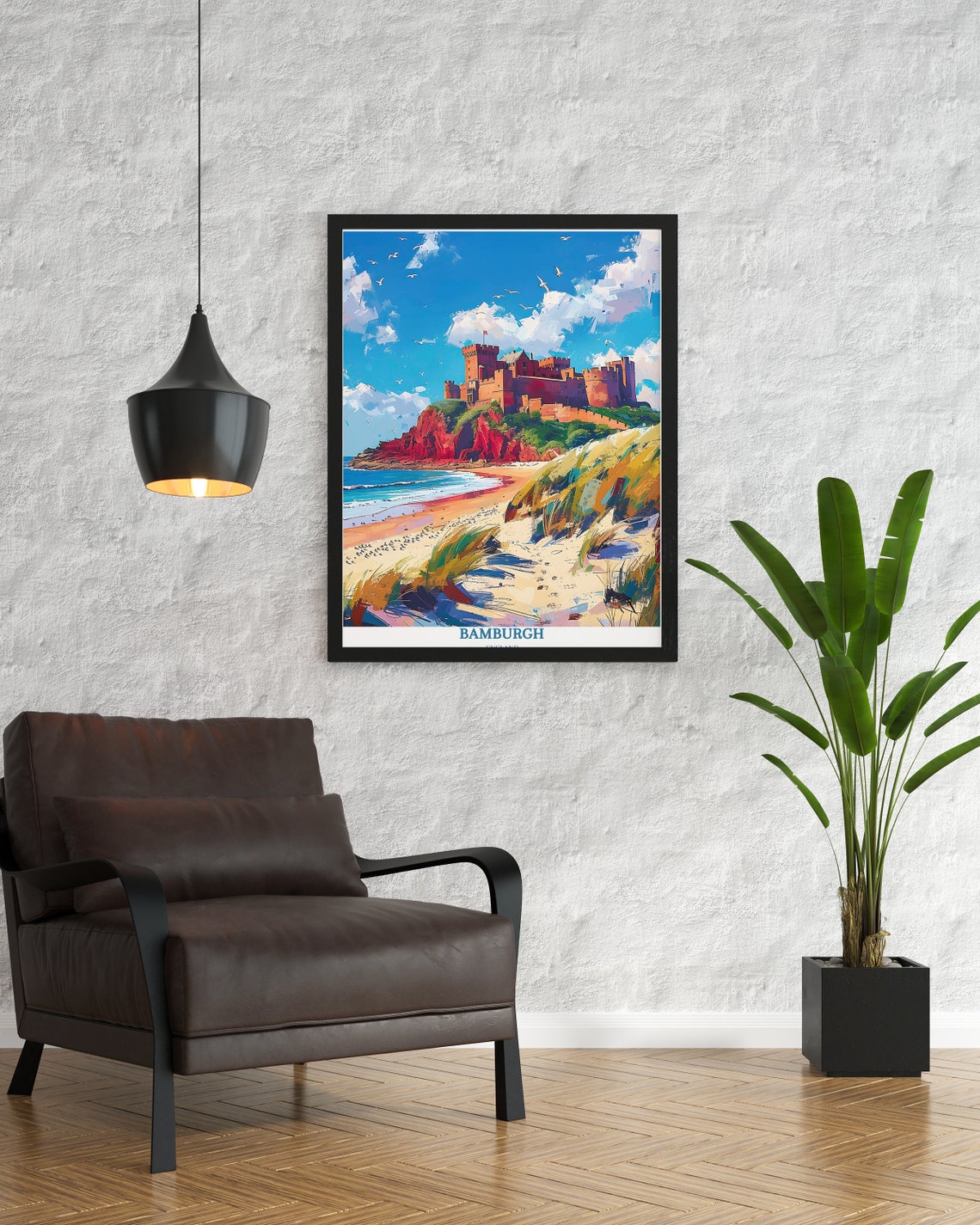Bamburgh Castle Beach and Sandy Dunes Under Bright Summer Sky Poster - Image 4