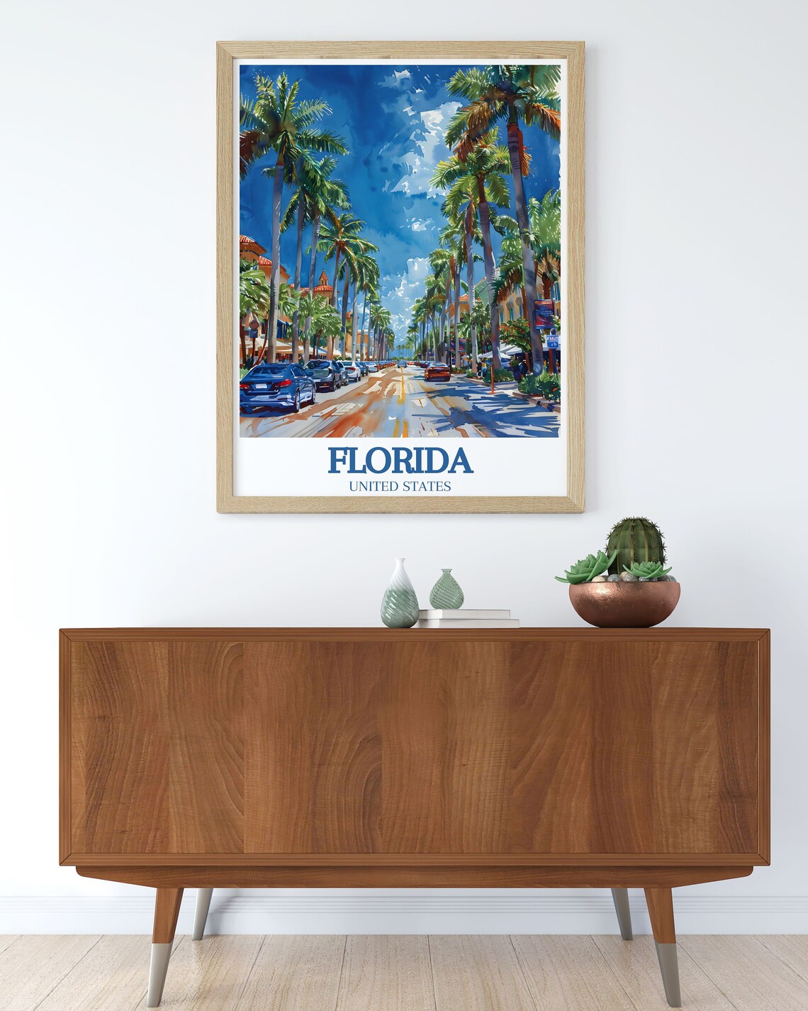 Florida Palm Lined City Street Watercolor Sunshine Travel Poster - Image 3