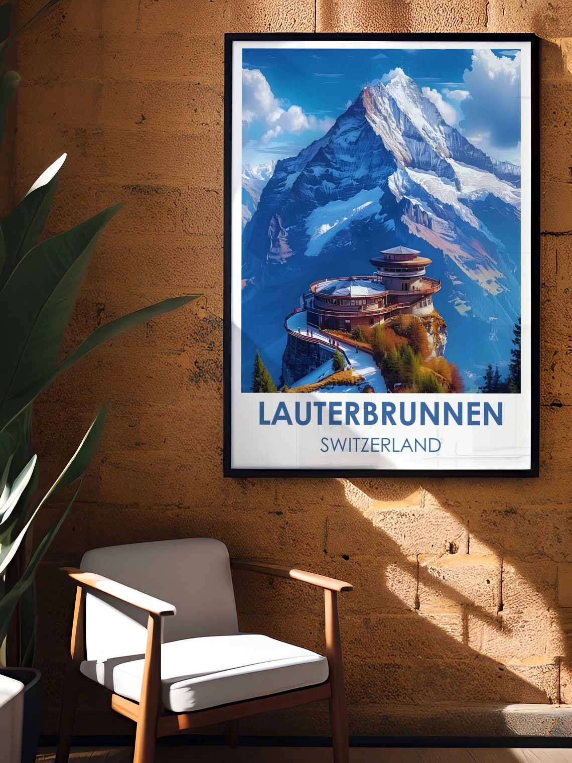 Lauterbrunnen Switzerland Snowy Peak and Cliffside Viewing Deck Poster - Image 2