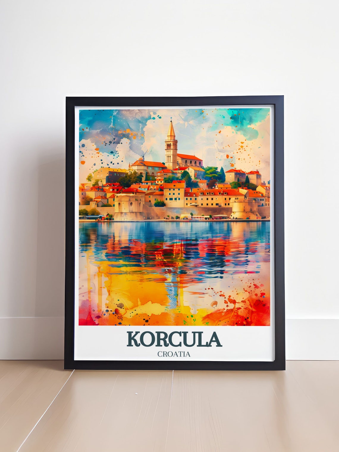 Korcula Old Town Watercolor Harbor Reflection Croatia Poster - Image 4