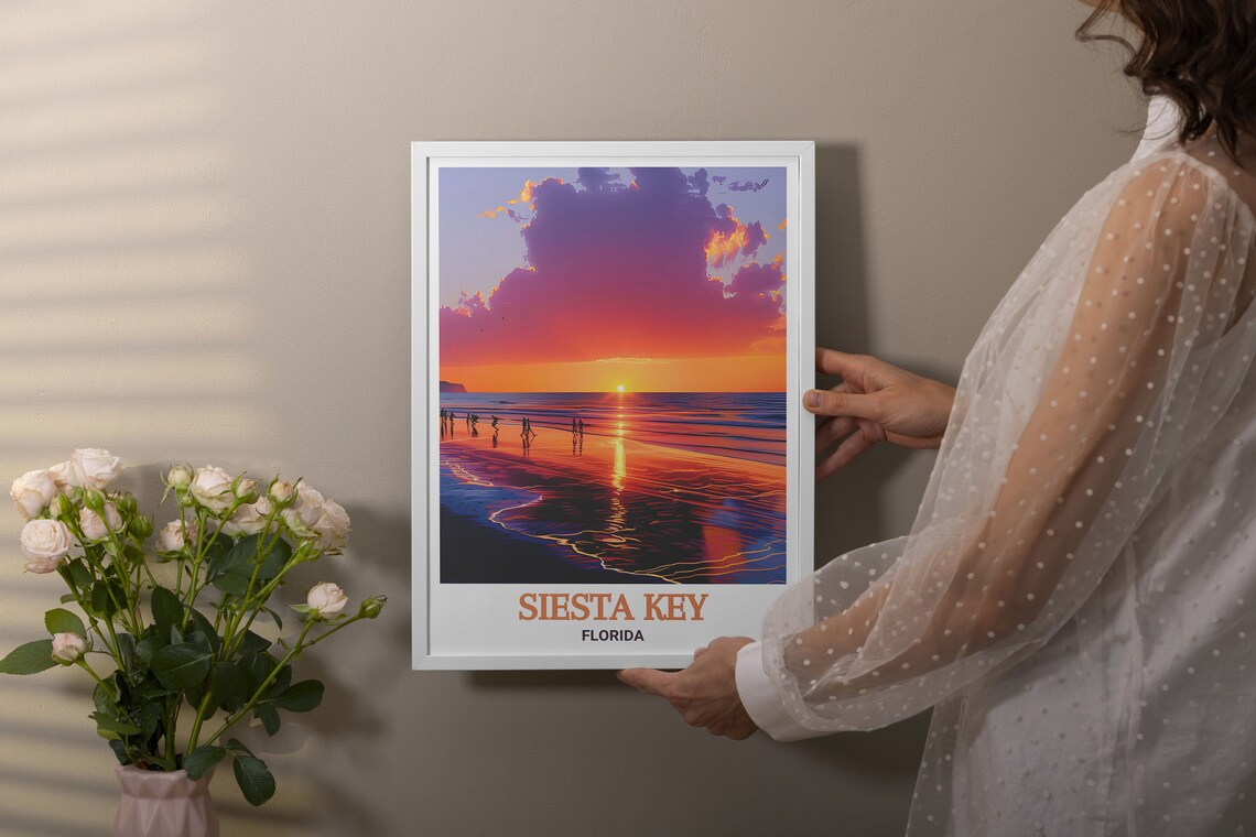 Siesta Key Florida Sunset Beach Walkers Pink Sky Reflection Travel Poster - Image 3