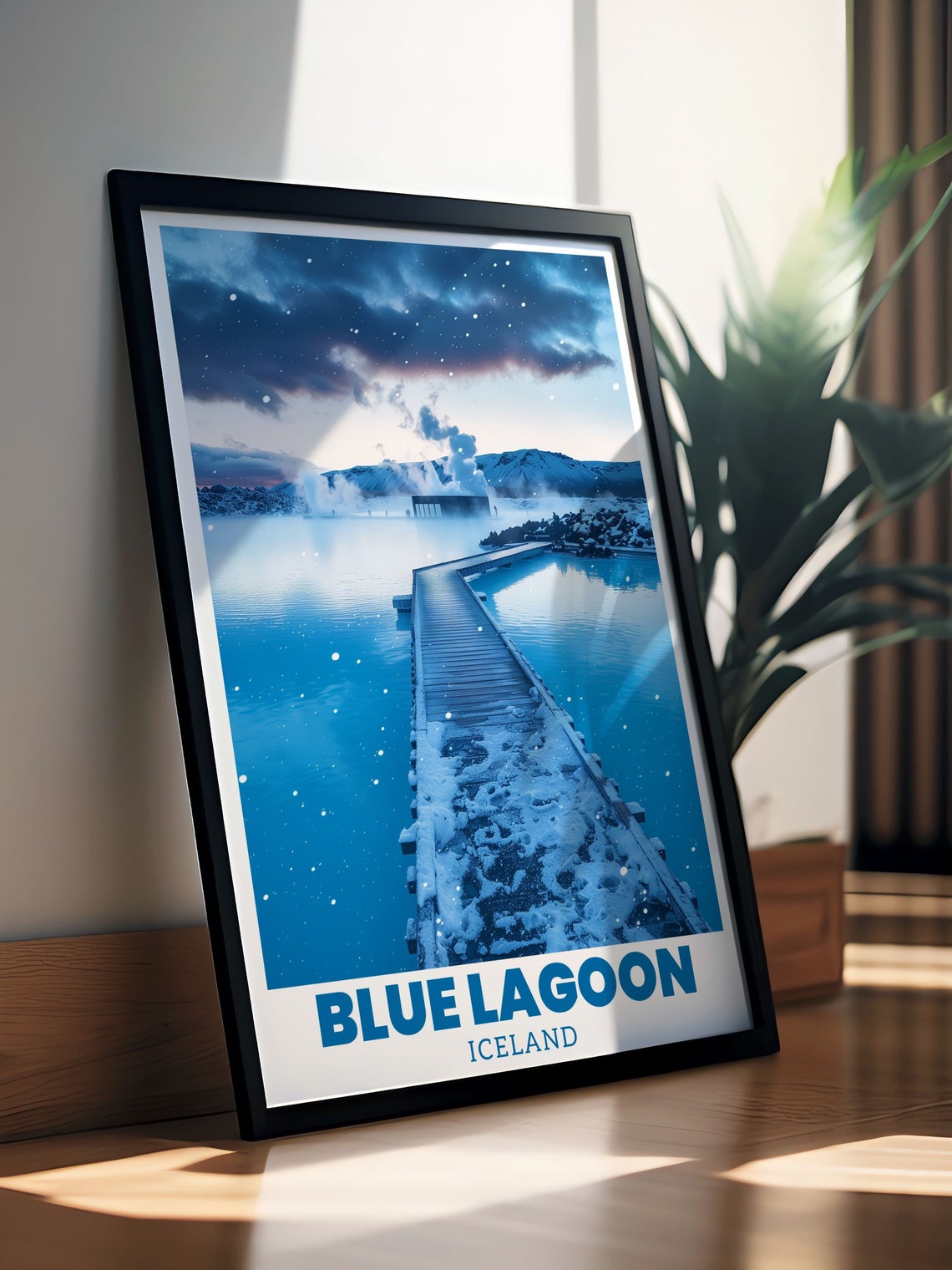 Blue Lagoon Iceland Snowy Walkway Across Geothermal Spa Poster - Image 3