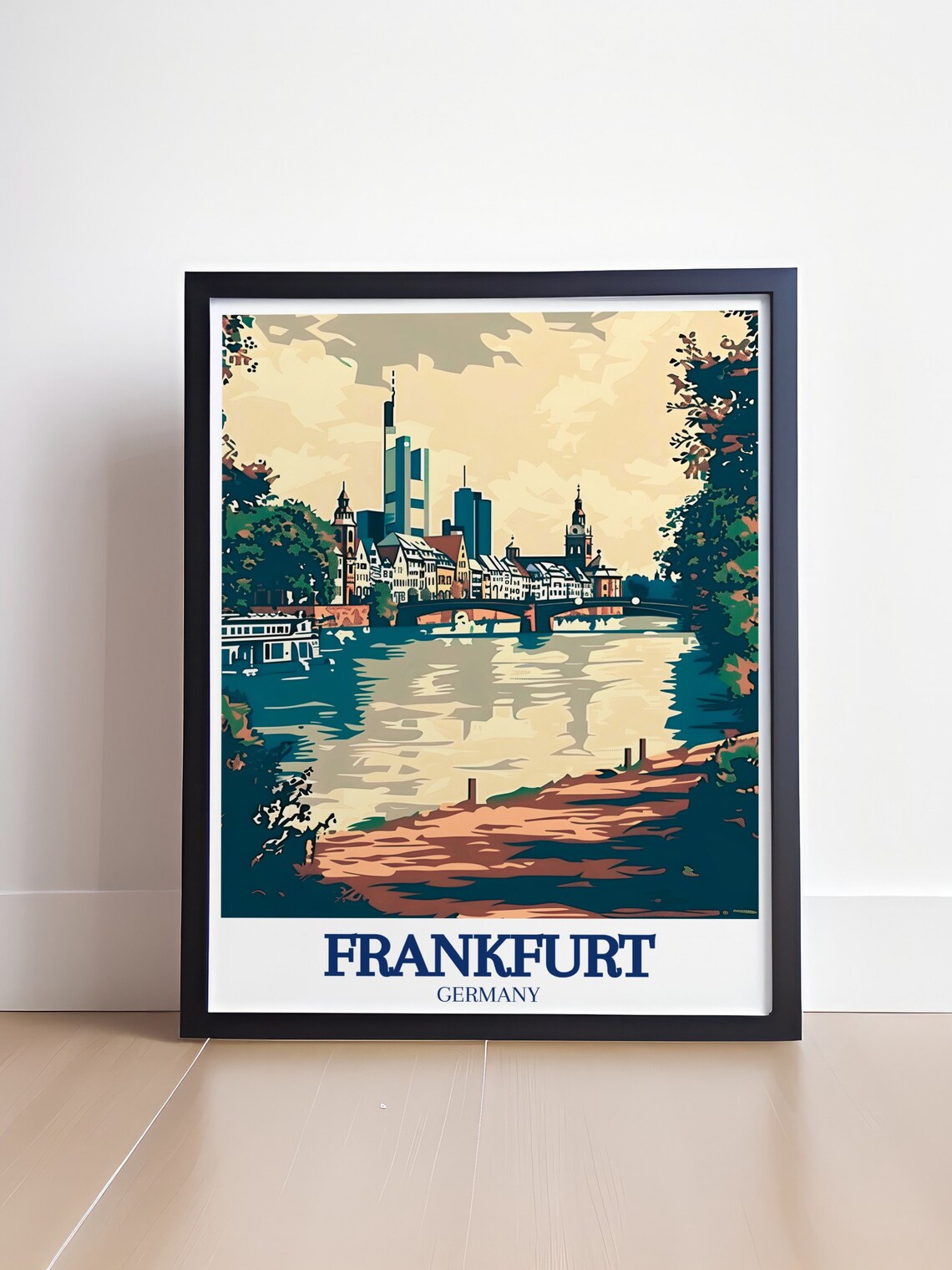 Frankfurt Germany River Main Bridge and Skyline Retro Travel Poster - Image 4