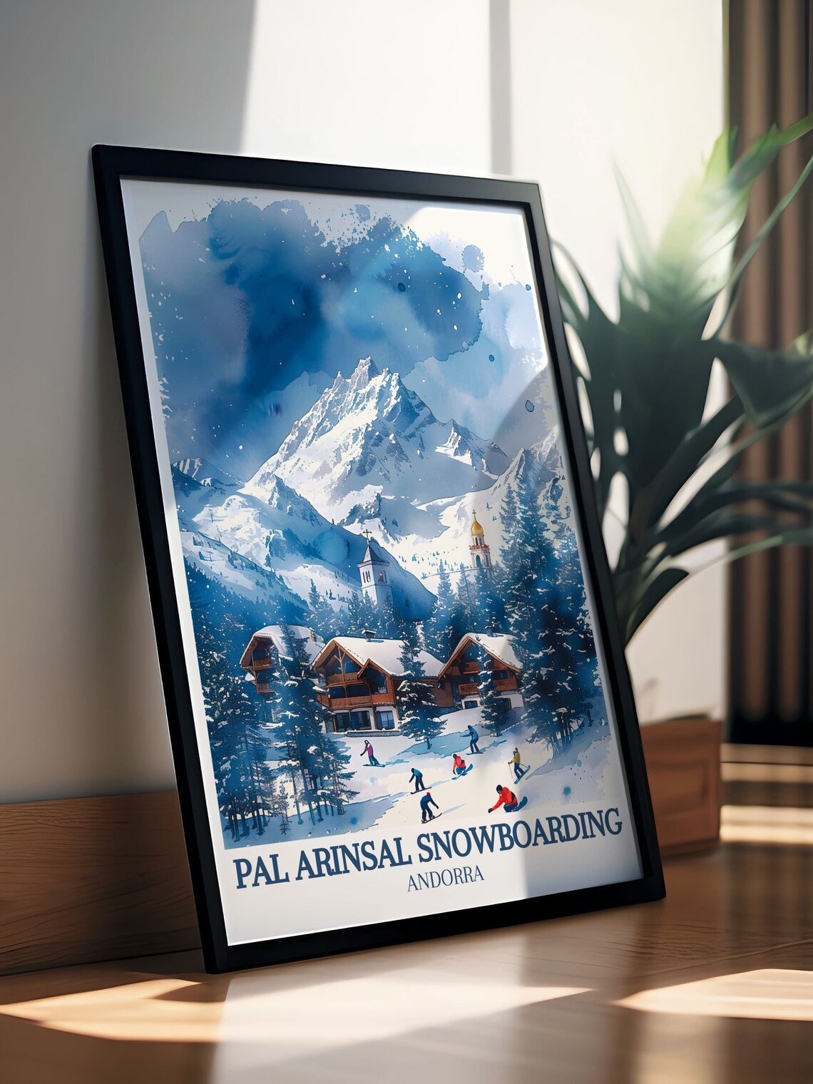 Pal Arinsal Snowboarding Blue Watercolor Mountain Village Poster - Image 3