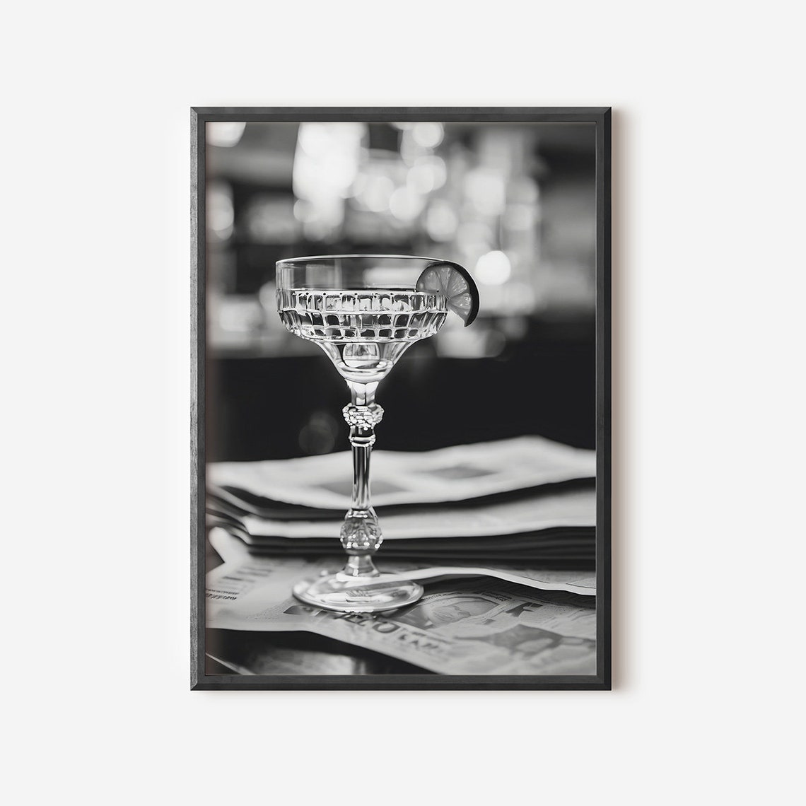 Crystal Coupe Cocktail Glass Lime Black And White Bar Photo Print