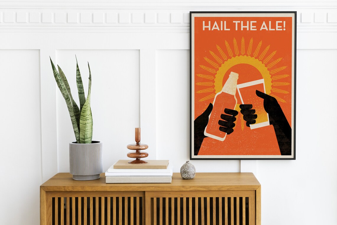 Hail the Ale Retro Beer Cheers Orange Illustration Bar Poster - Image 2