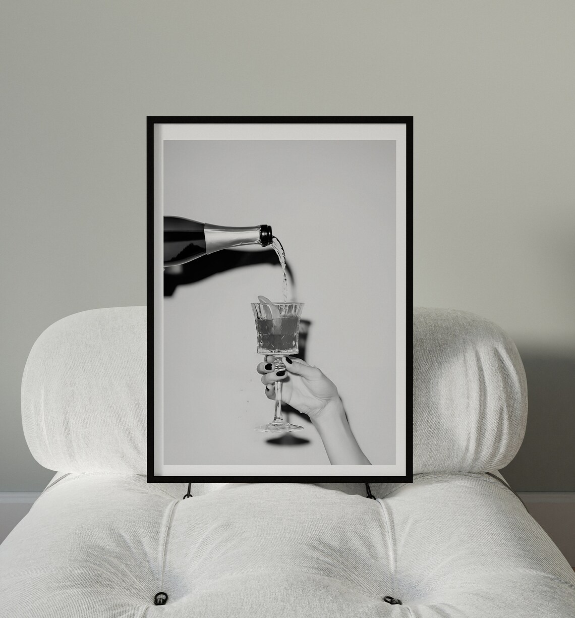 Woman Pouring Champagne into Coupe Glass Black White Photo Poster